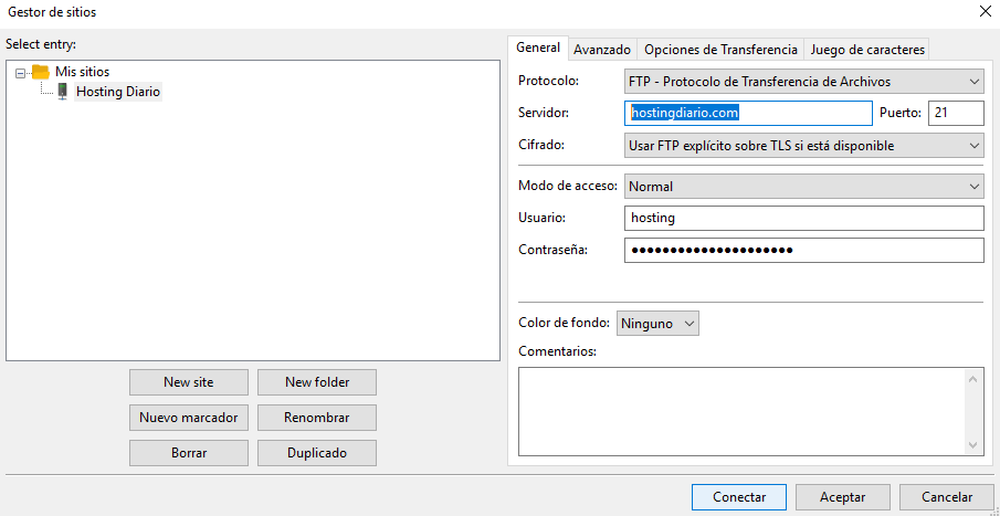 configuración de conexion contra un servidor FTP
